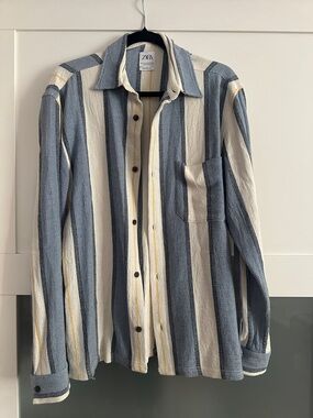 ZARA Blue, Cream & Yellow Vertical Stripe Button-Down Shirt